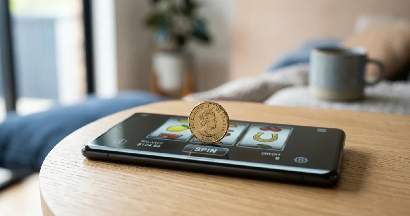 Australian dollar coin on a smartphone showing online pokies interface