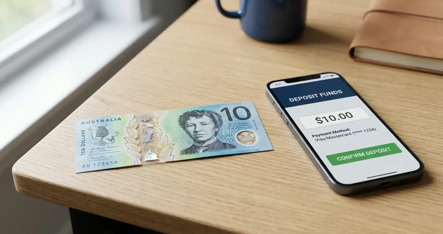 Australian ten-dollar note on a desk with a smartphone displaying a casino cashier screen