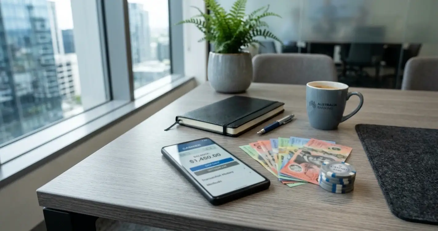 Australian dollars and casino chips on a clean desk with smartphone showing casino cashier