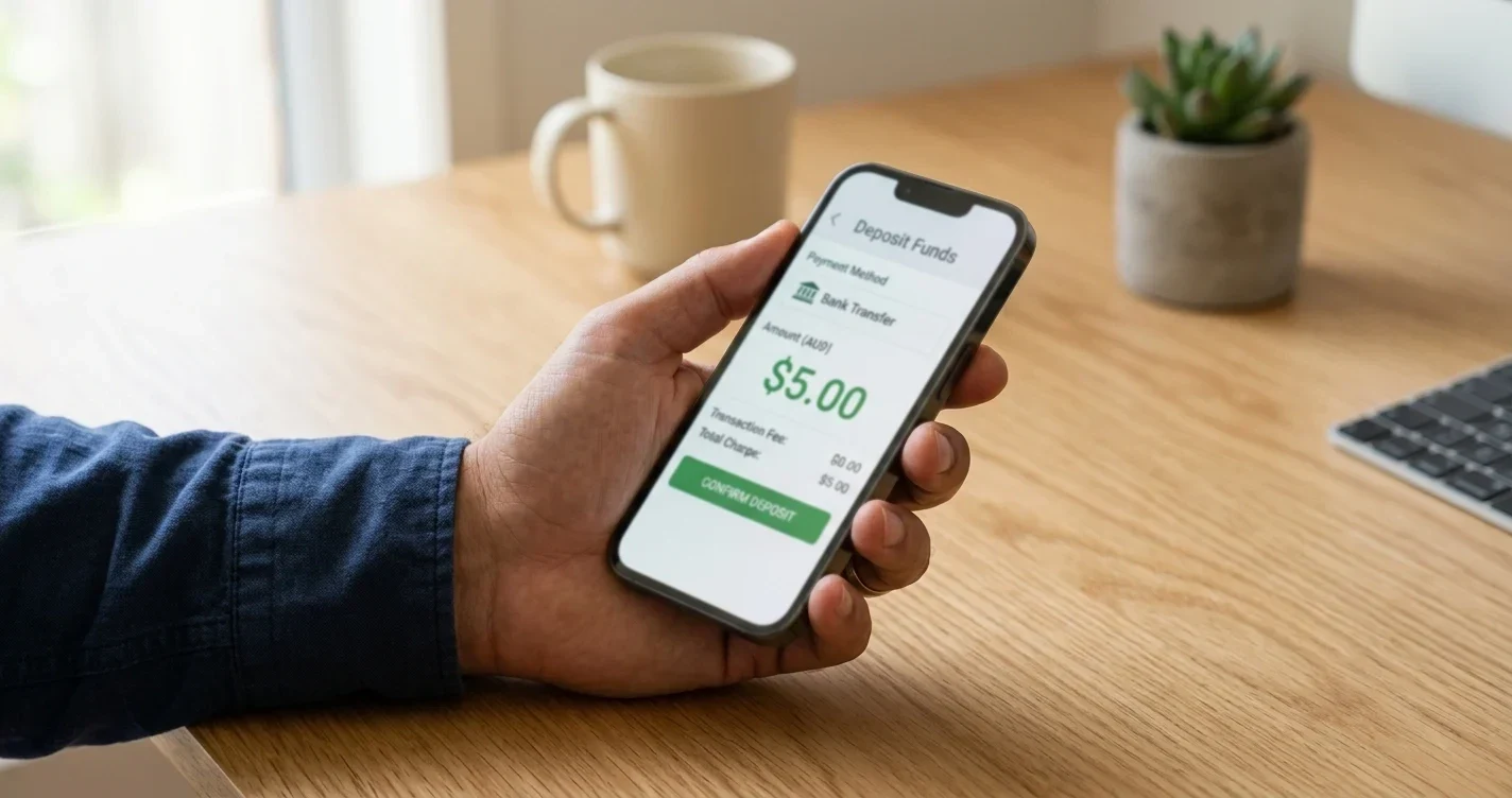 Australian player depositing five dollars at verified online casino via smartphone