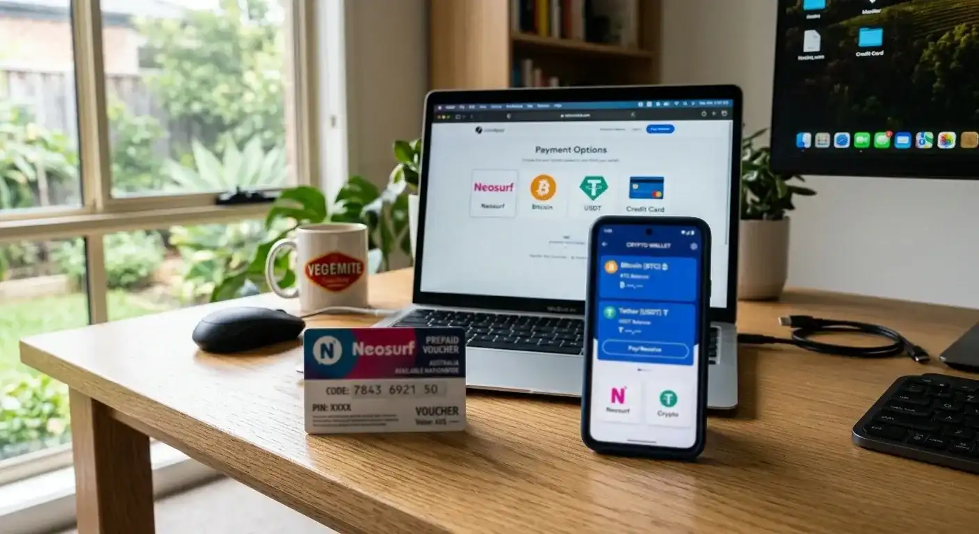Neosurf prepaid voucher and smartphone showing cryptocurrency wallet interface