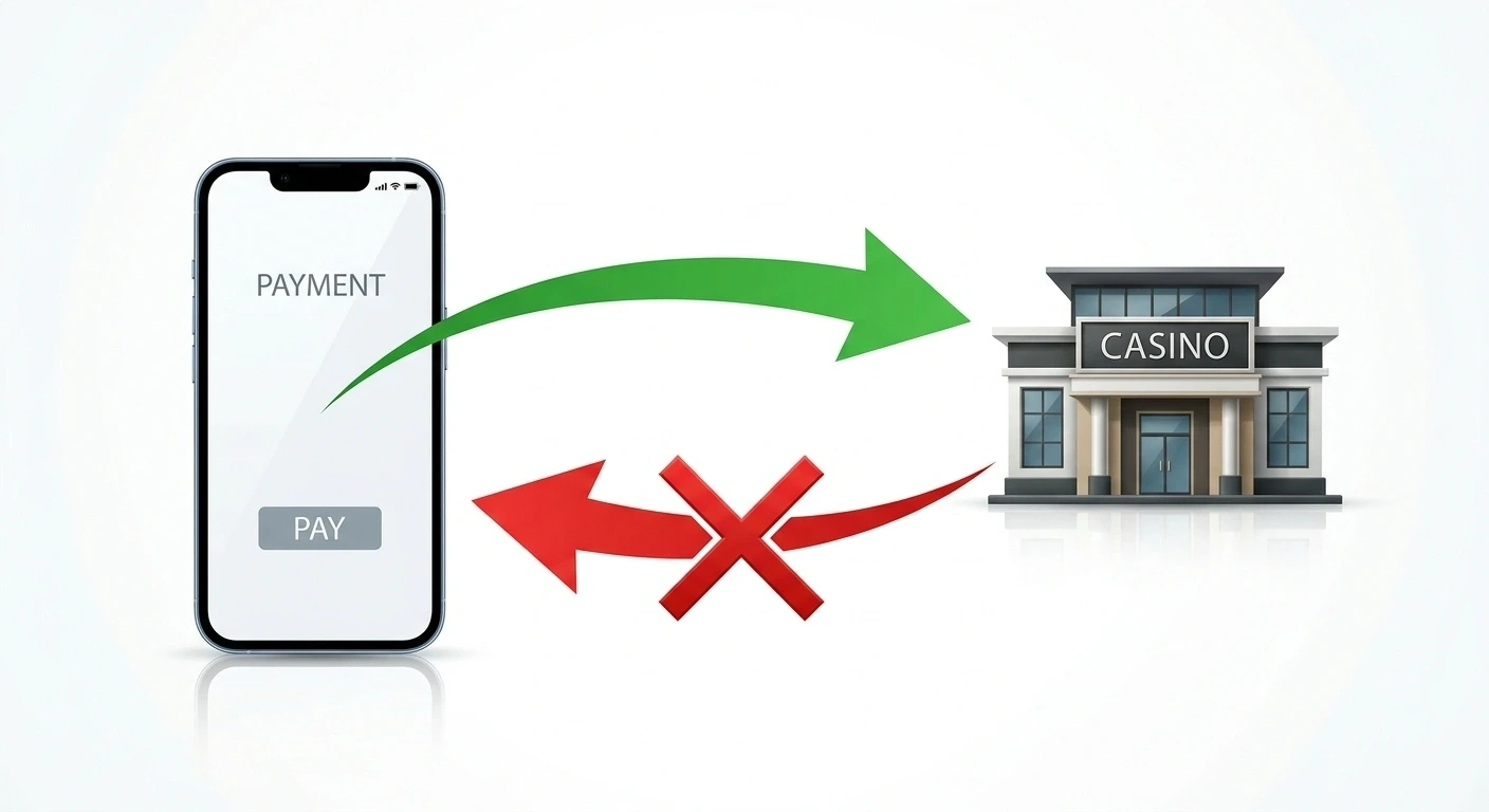 Diagram showing Apple Pay deposit flow versus blocked withdrawal path
