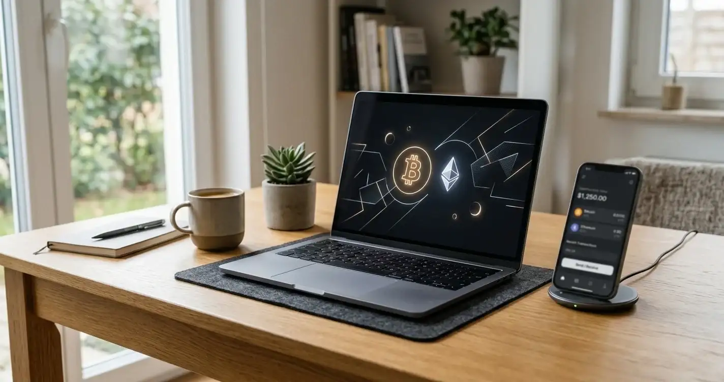Modern laptop displaying cryptocurrency symbols with wallet interface on smartphone, minimalist desk setup