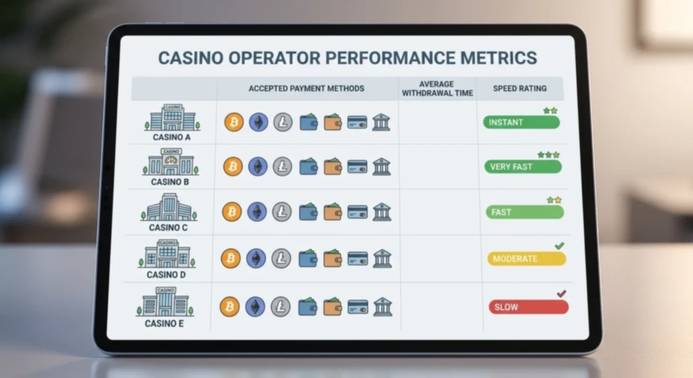 Comparison table showing casino operator logos with withdrawal speed tiers and payment method icons