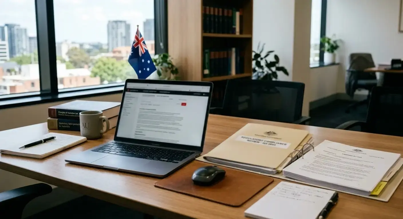 Australian legal office desk with government regulatory documents and laptop showing legal research