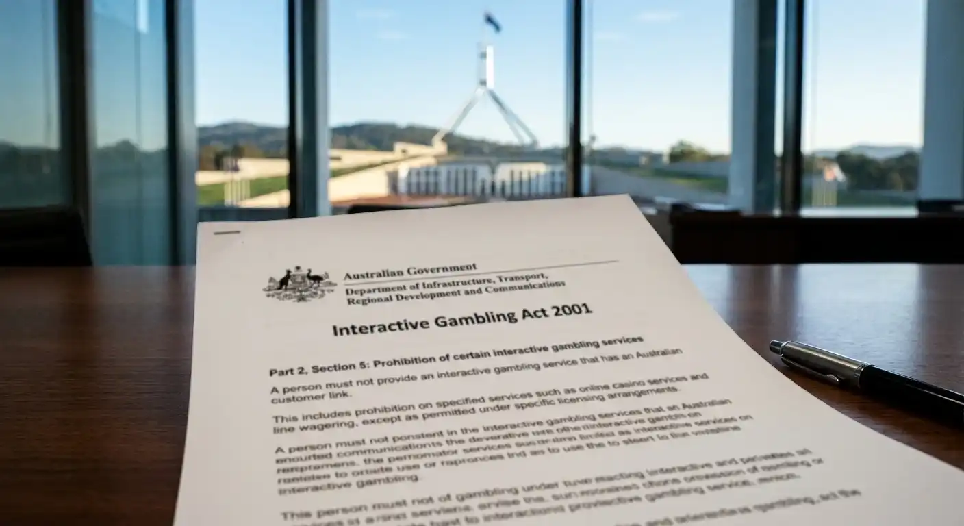 Australian government building with Interactive Gambling Act document showing offshore casino prohibition text
