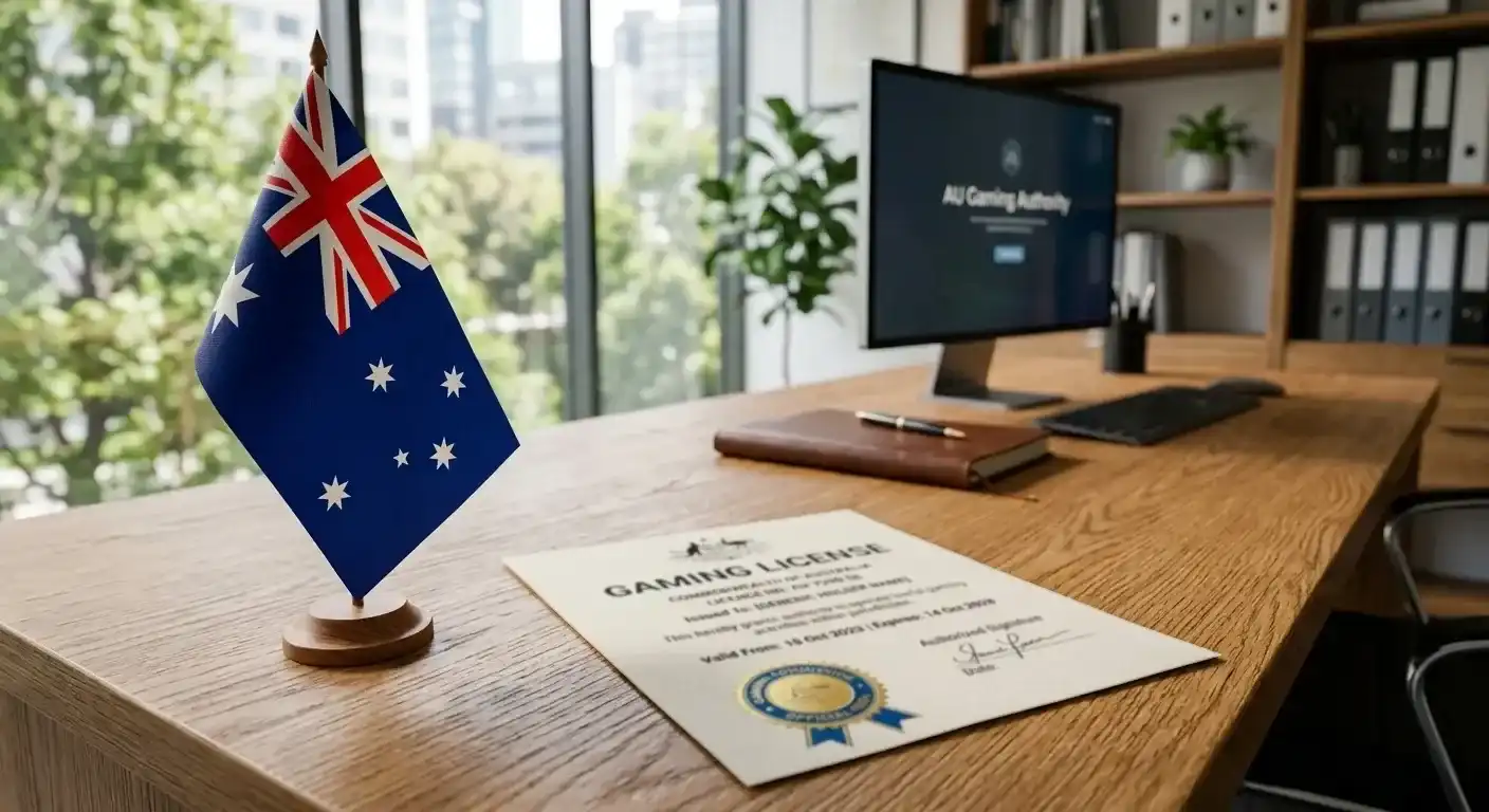 Australian flag with Curaçao gaming license document on desk representing offshore casino regulation