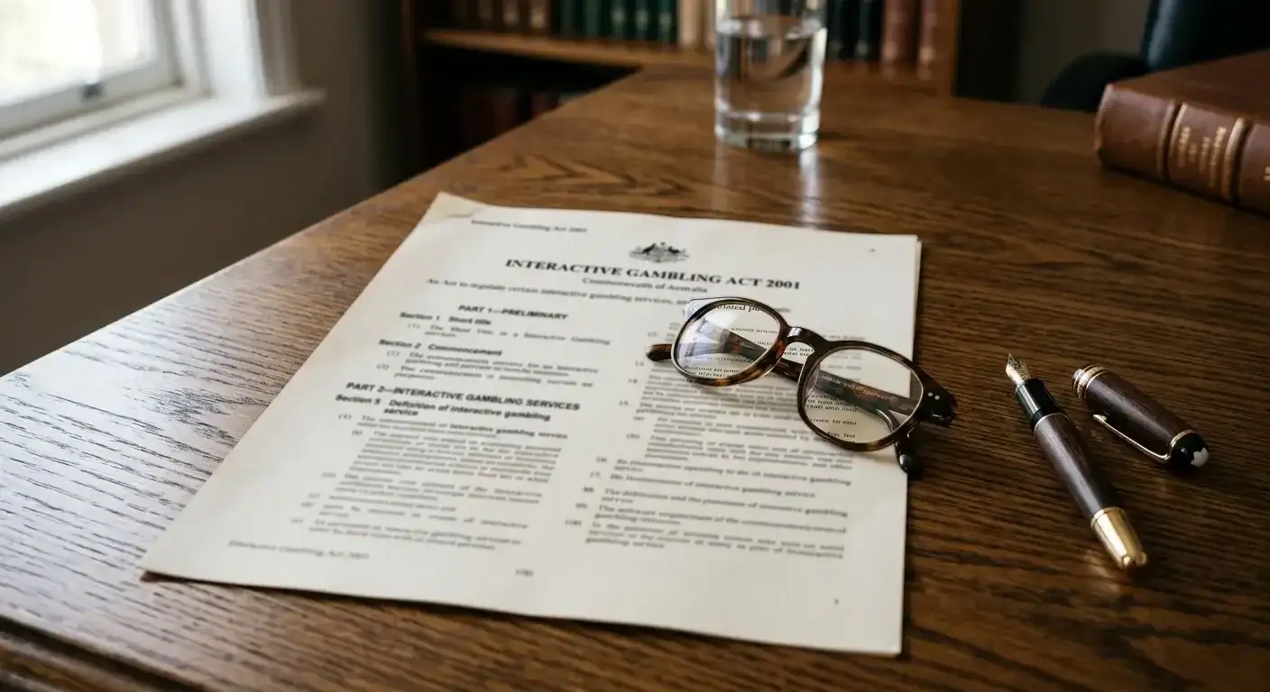 Interactive Gambling Act 2001 document on desk with reading glasses and fountain pen