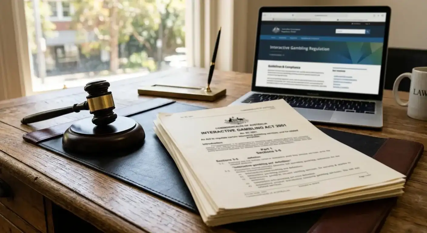 Australian legal document with gavel and Interactive Gambling Act 2001 text visible on desk