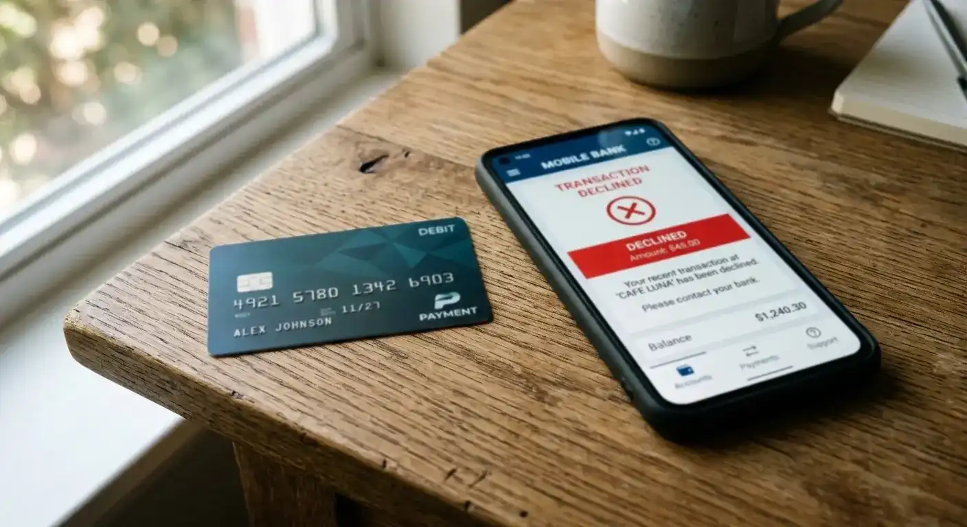Debit card with smartphone showing transaction declined notification due to bank gambling block