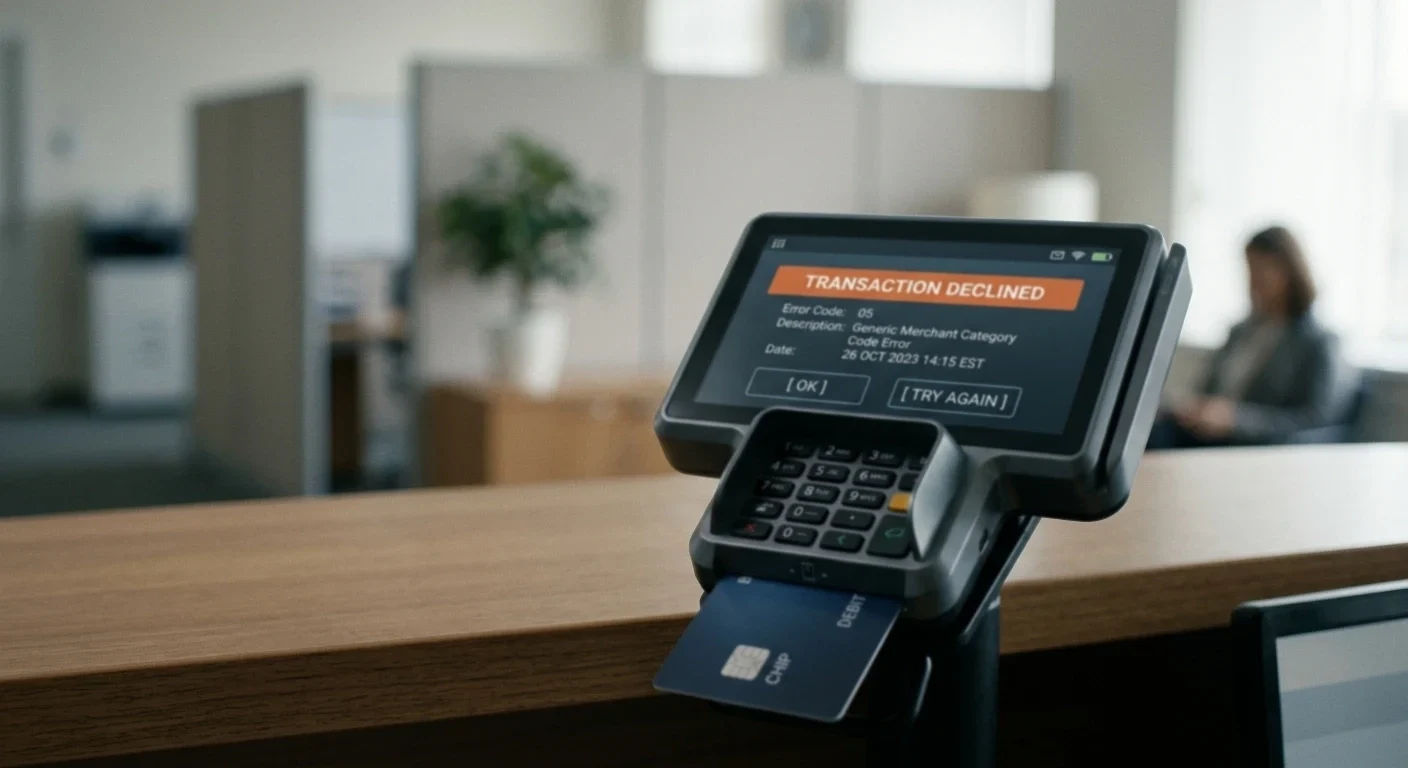 Banking terminal showing transaction declined message for gambling merchant