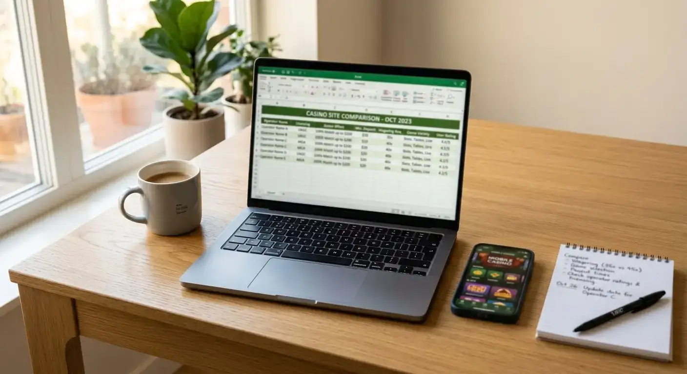 Modern laptop displaying casino comparison spreadsheet with mobile phone showing casino interface