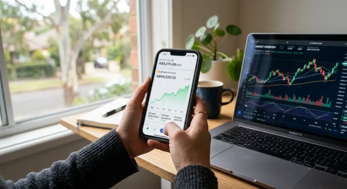 Person holding smartphone with crypto exchange interface showing AUD, laptop with trading chart in background