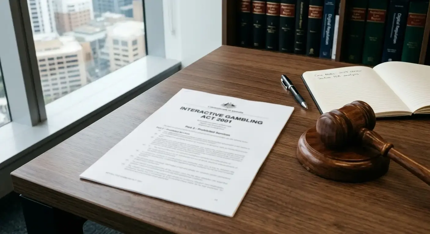 Clean desk with Australian legal document and gavel representing gambling legislation