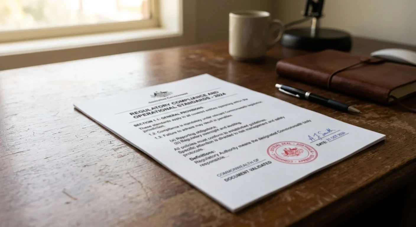 Australian government document on a desk showing regulatory text with a stamped seal visible