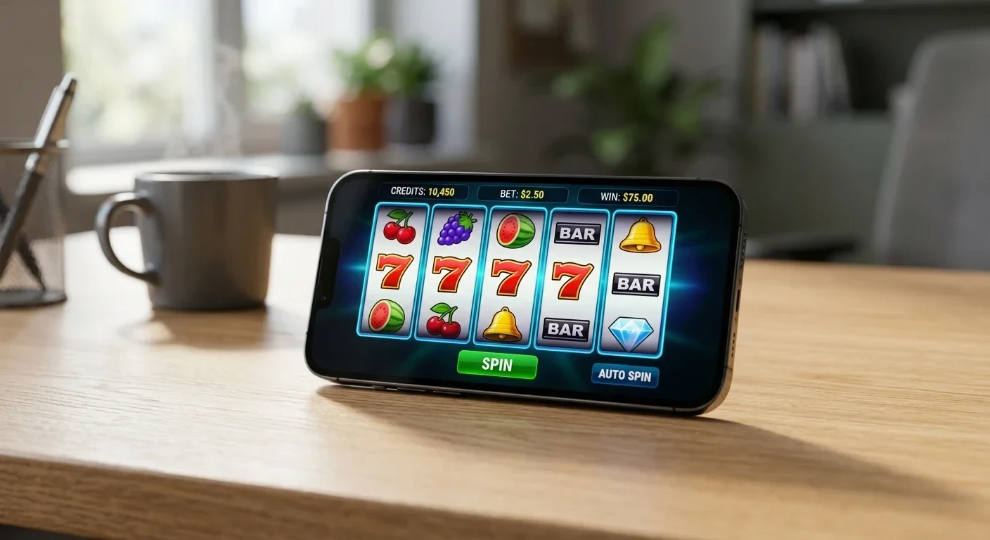 Smartphone on desk displaying generic slot machine reels