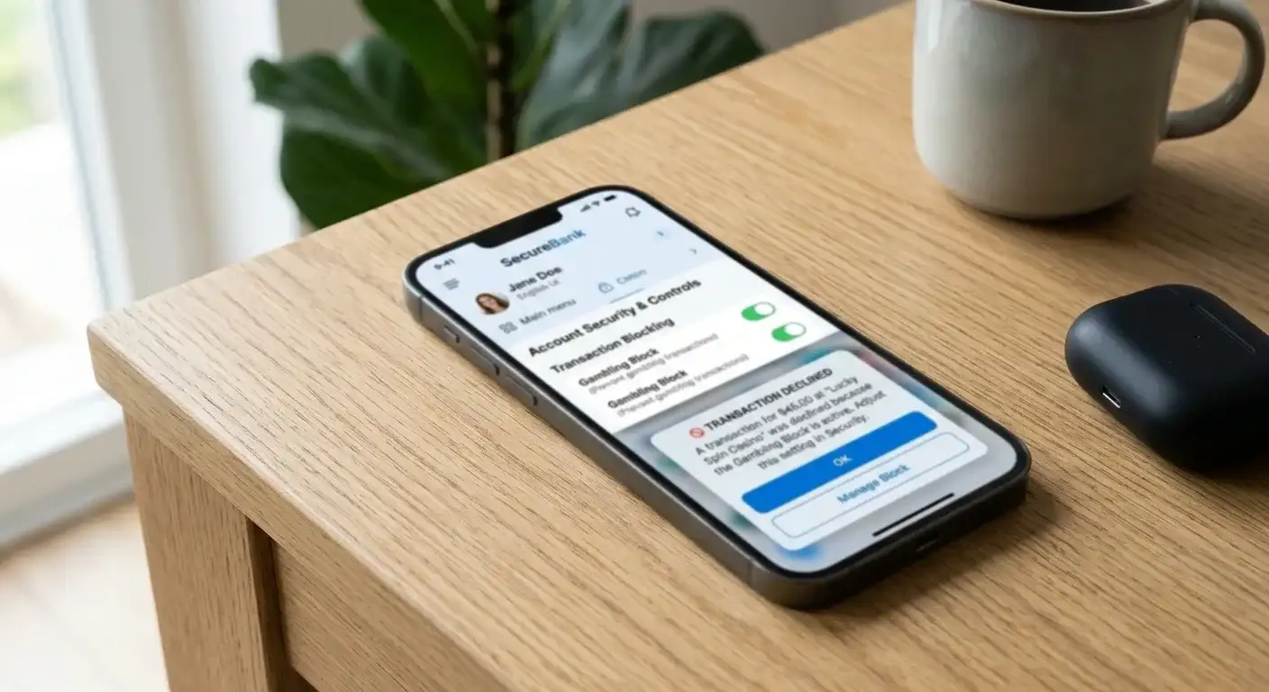 Banking app gambling block toggle and transaction decline notification