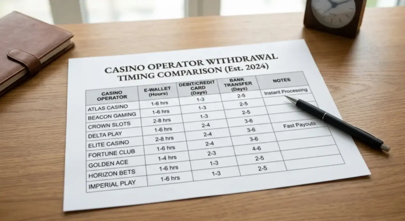 Comparison chart showing Bitcoin Cash casino operators with withdrawal speeds and minimum deposits