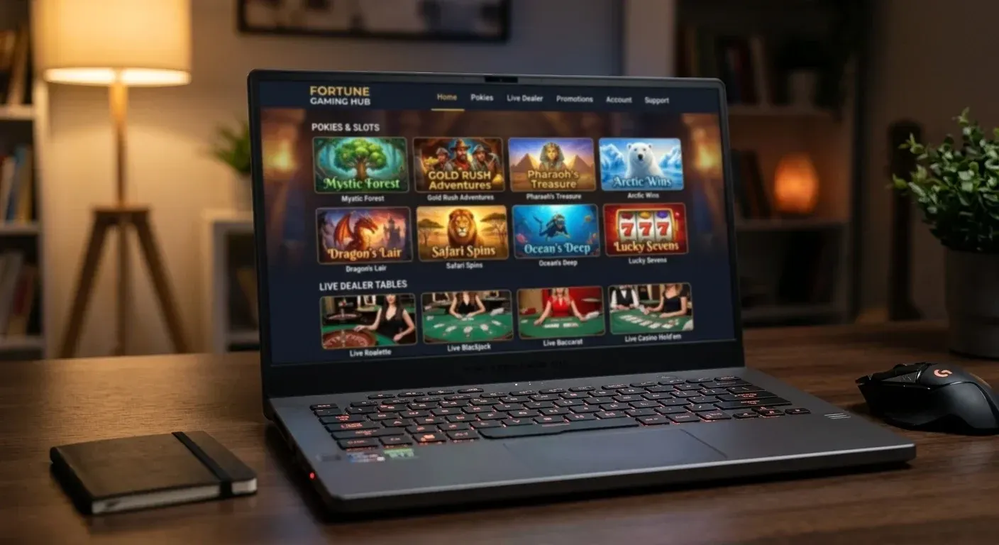 Laptop displaying casino game lobby with pokies and live dealer tables