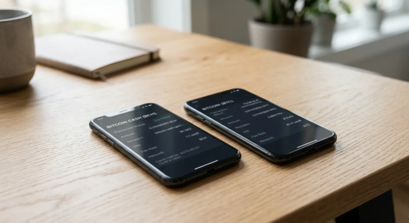 Side-by-side comparison showing Bitcoin Cash and Bitcoin transaction fees on mobile screens