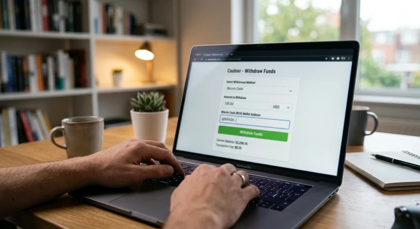 Laptop screen showing casino withdrawal form with Bitcoin Cash wallet address field