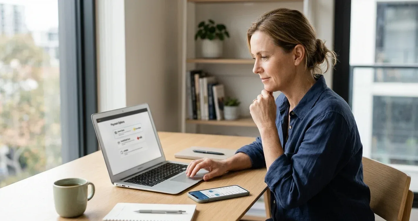 Australian casino player reviewing payment options on laptop with mobile banking app