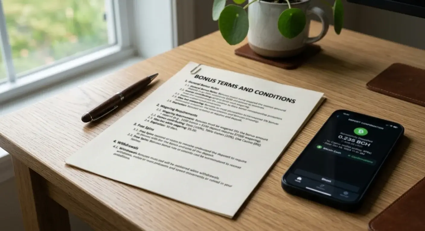 Casino bonus terms document on desk with Bitcoin Cash deposit confirmation visible