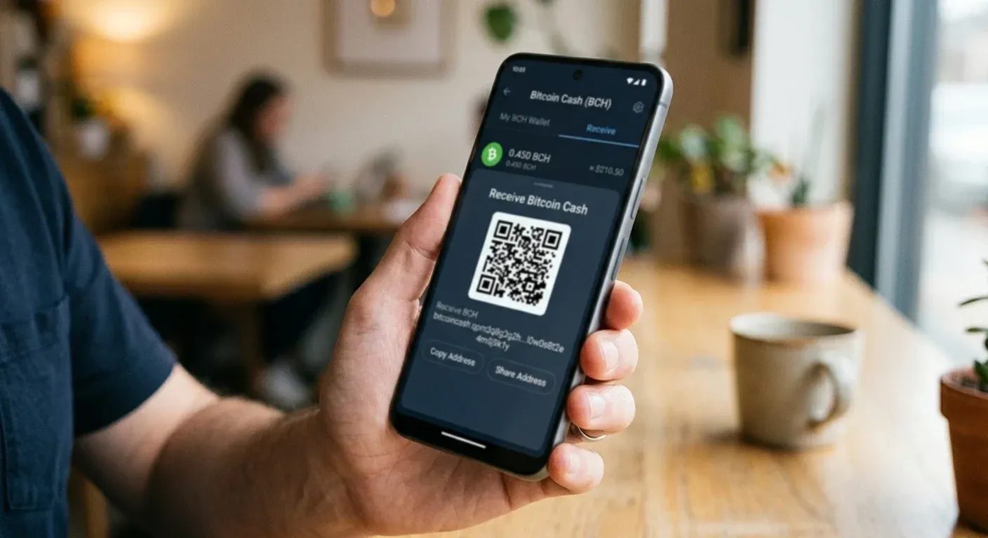 Smartphone displaying Bitcoin Cash wallet with casino deposit address and QR code