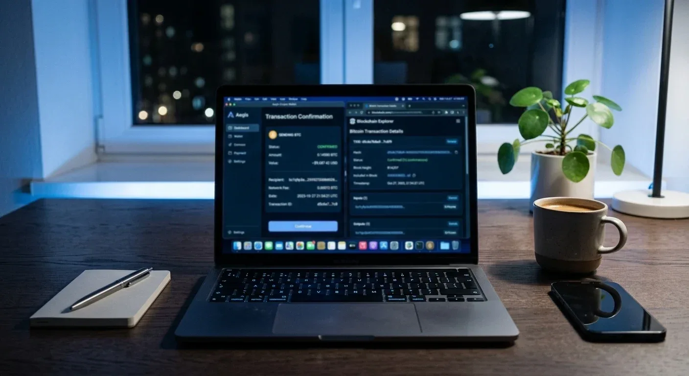 Cryptocurrency wallet interface showing Bitcoin transaction confirmation