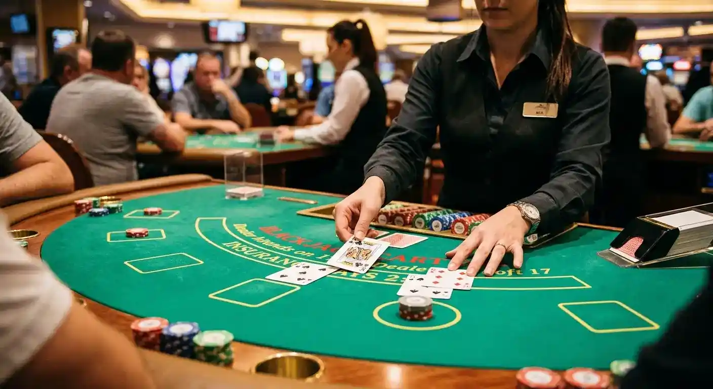 Live dealer blackjack table from player perspective showing cards being dealt