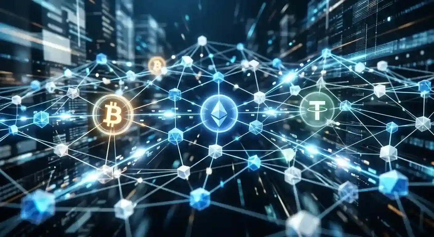 Blockchain transaction confirmation visualization with network nodes and cryptocurrency symbols