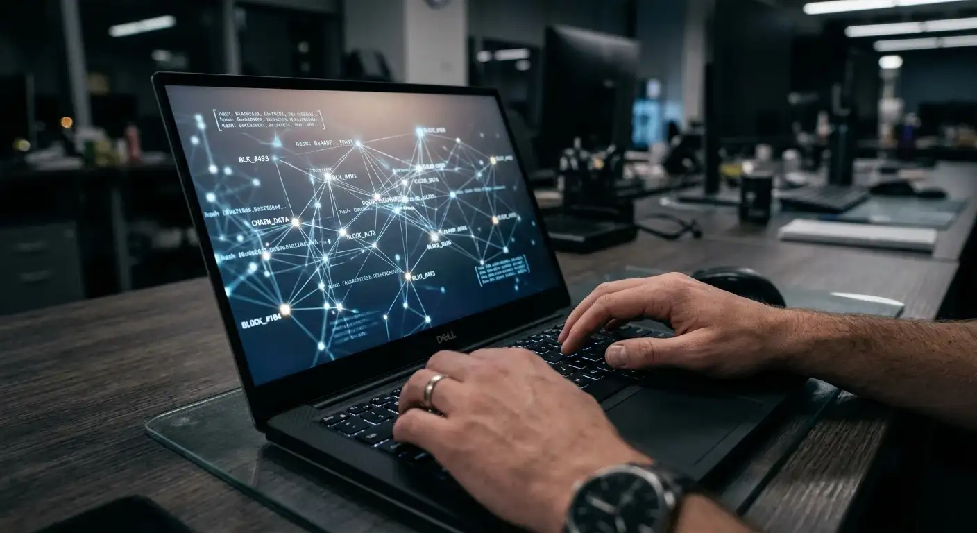 Hands typing on laptop with blockchain network visualization on screen, blue-white glow