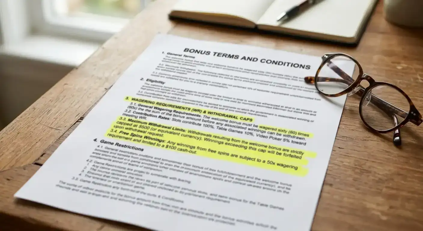 Yellow-highlighted paragraph on a printed bonus-terms sheet marking wagering multiplier and cashout ceiling