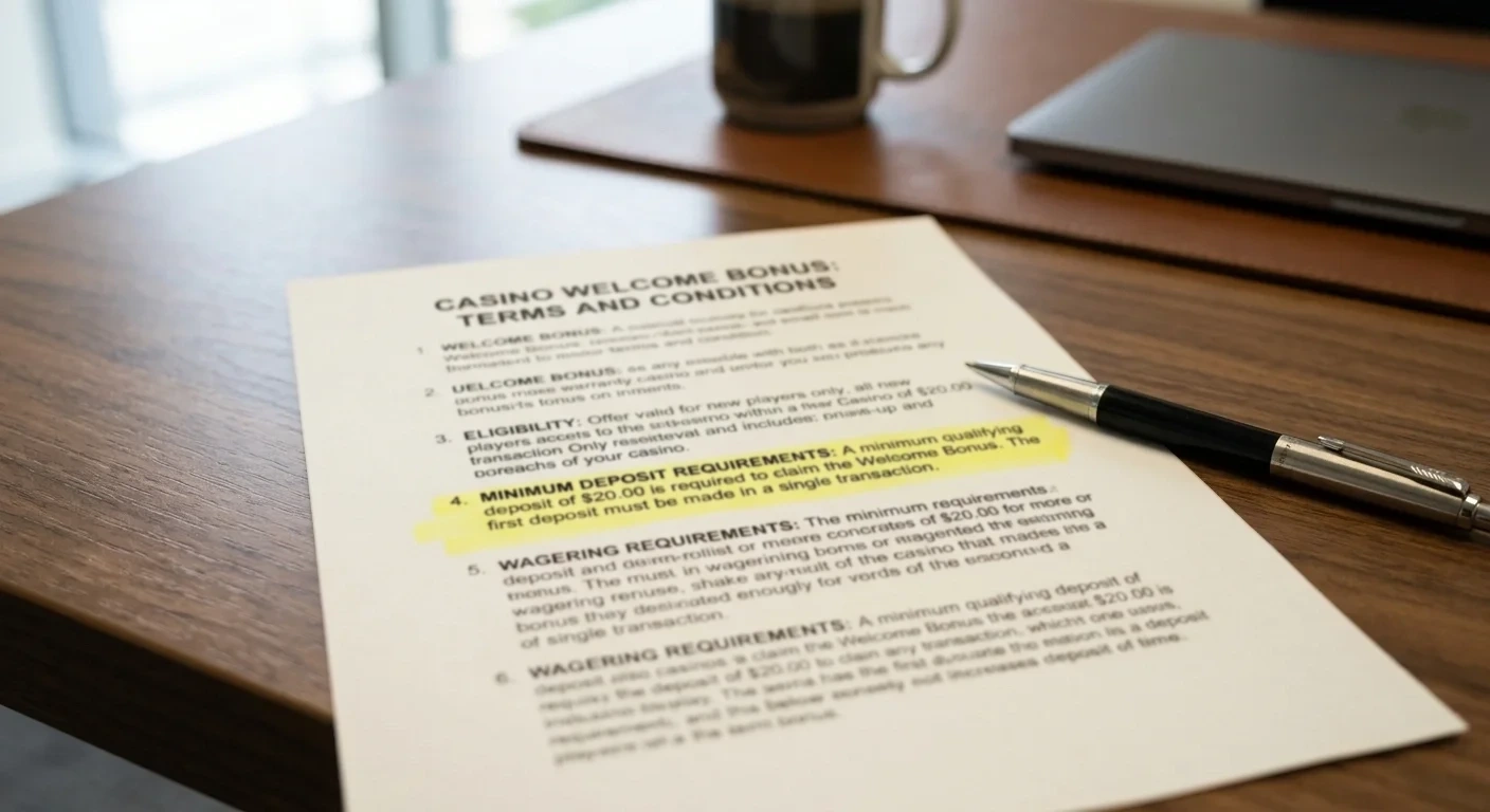 Casino welcome bonus terms document with highlighted minimum deposit requirements