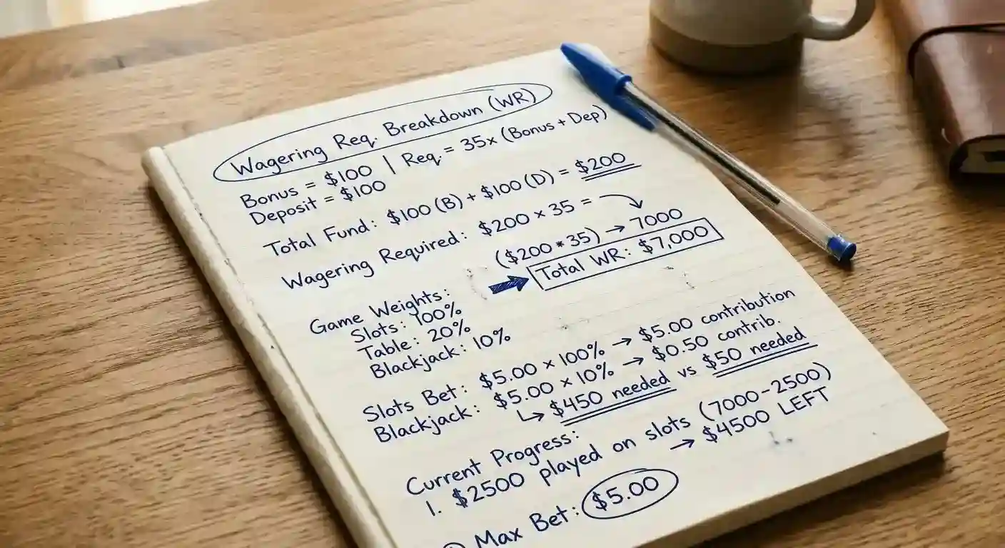 Notebook showing wagering calculation for five-dollar bonus at different multiples