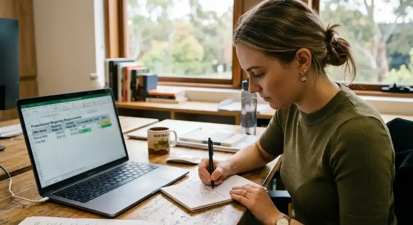 Person calculating wagering requirements with notepad and laptop showing bonus terms