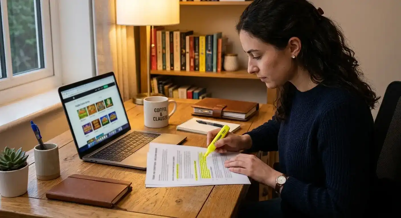 Player reviewing bonus terms document highlighting game exclusion clauses