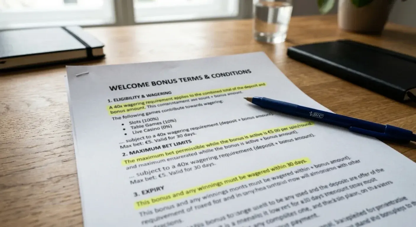 Printed document showing bonus terms with highlighted sections and a pen resting on the paper