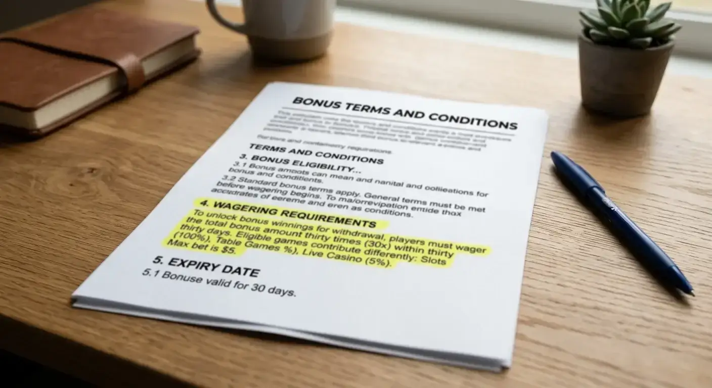 Document showing bonus terms with wagering requirements highlighted