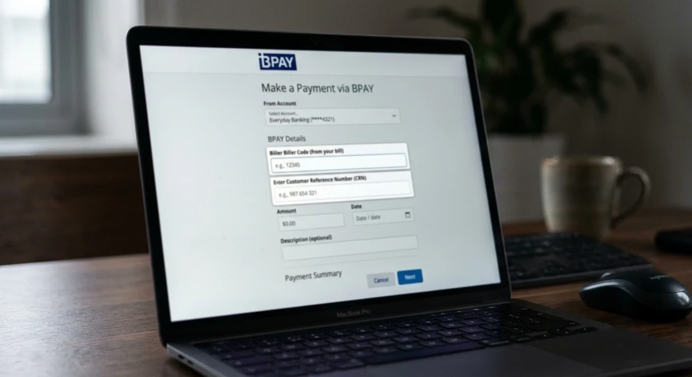 Close-up of BPAY biller code and customer reference number on screen