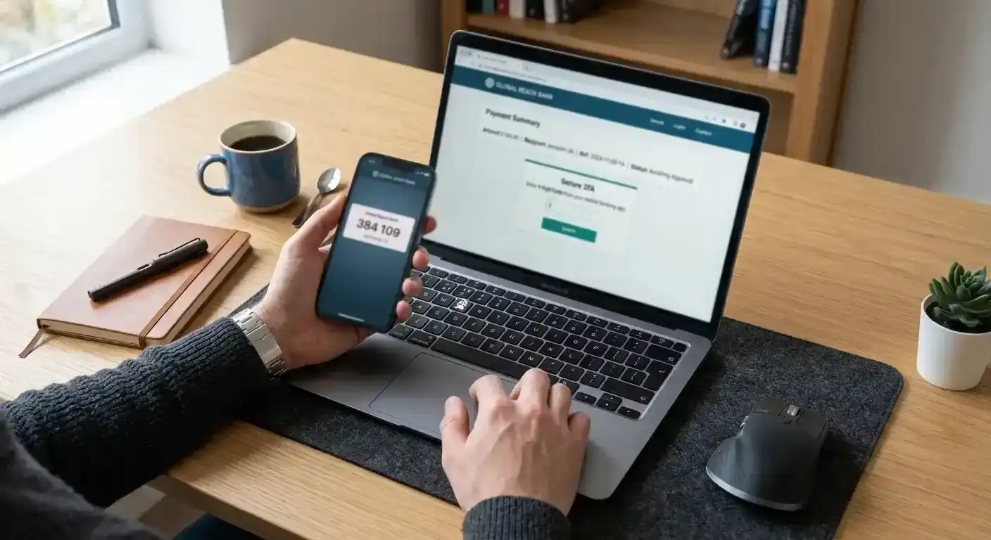 Person at desk following step-by-step payment process on mobile and laptop