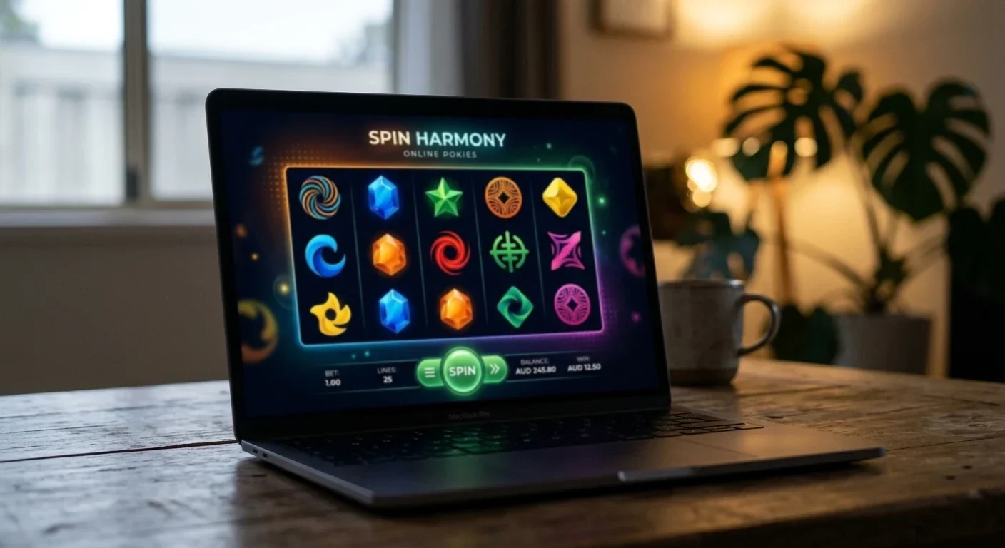 Modern pokies game interface with reels and generic symbols