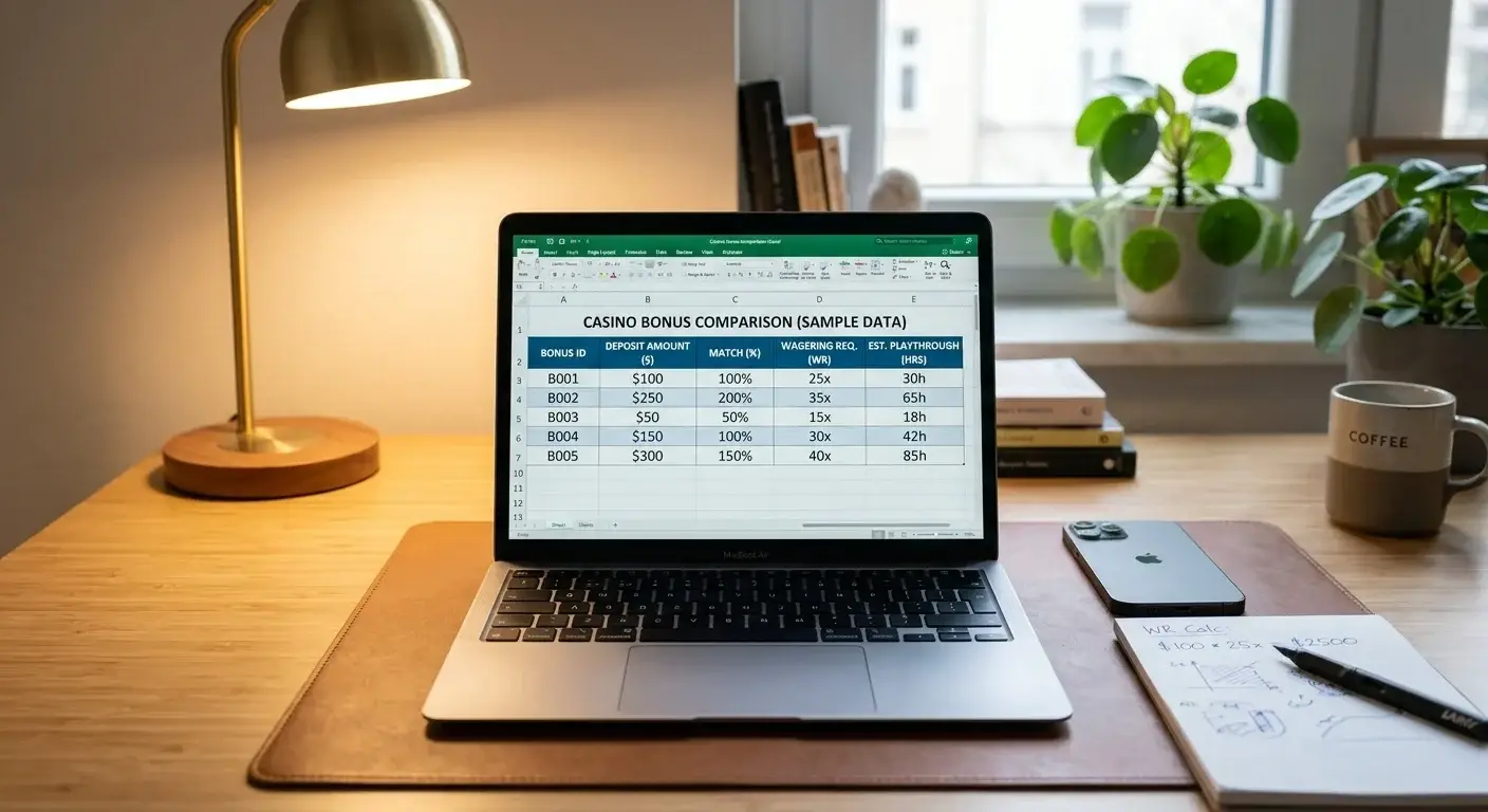 Desktop showing casino comparison spreadsheet with bonus calculations and wagering requirements
