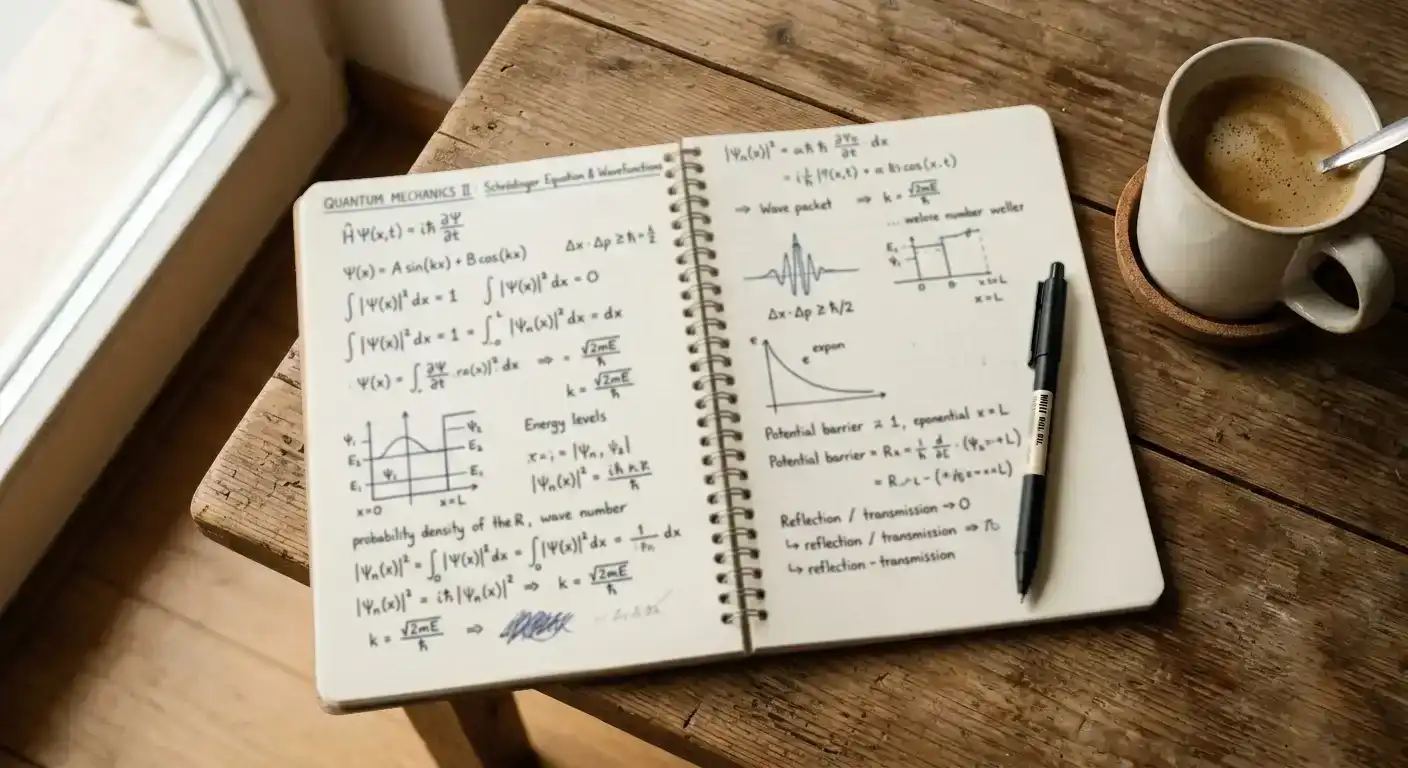 Open notebook with handwritten calculations and diagrams, pen and coffee cup on wooden desk