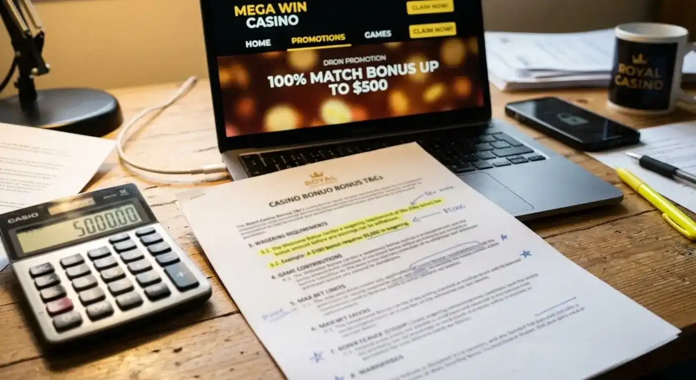 Casino bonus terms document showing wagering requirements and ecoPayz deposit eligibility fine print