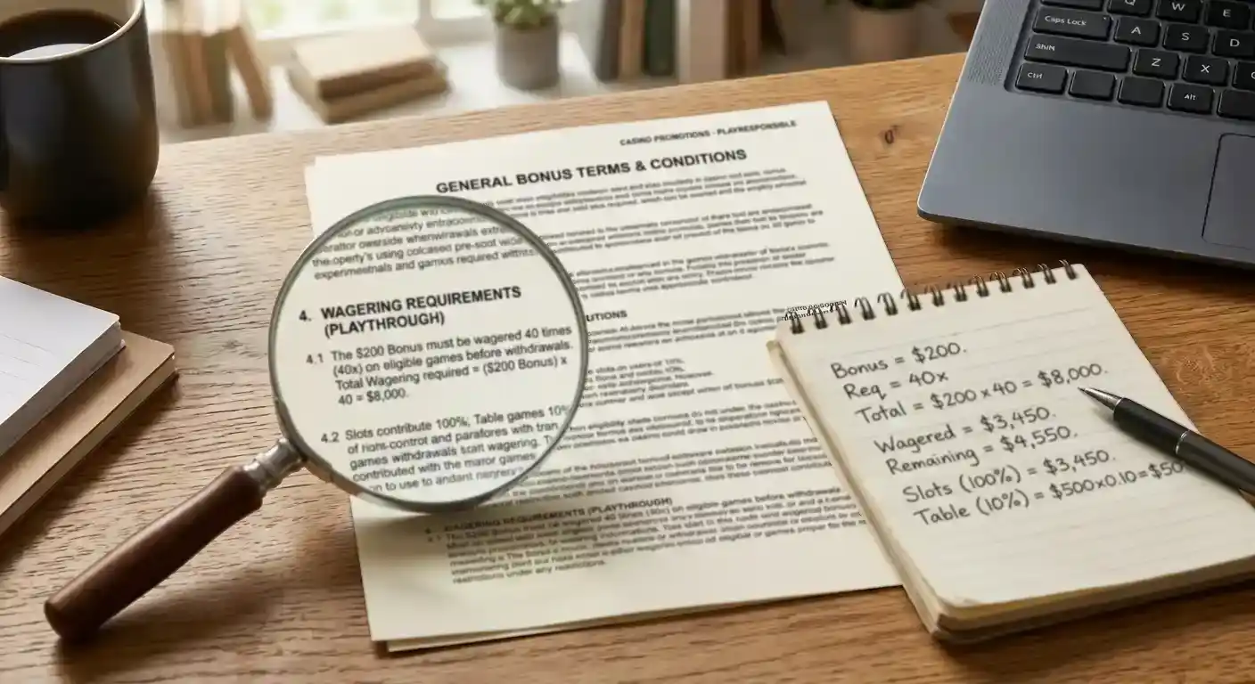 Casino bonus terms document with magnifying glass highlighting wagering requirements section