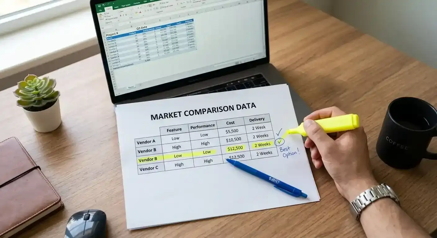 Comparison document with casino operator details highlighted on desk