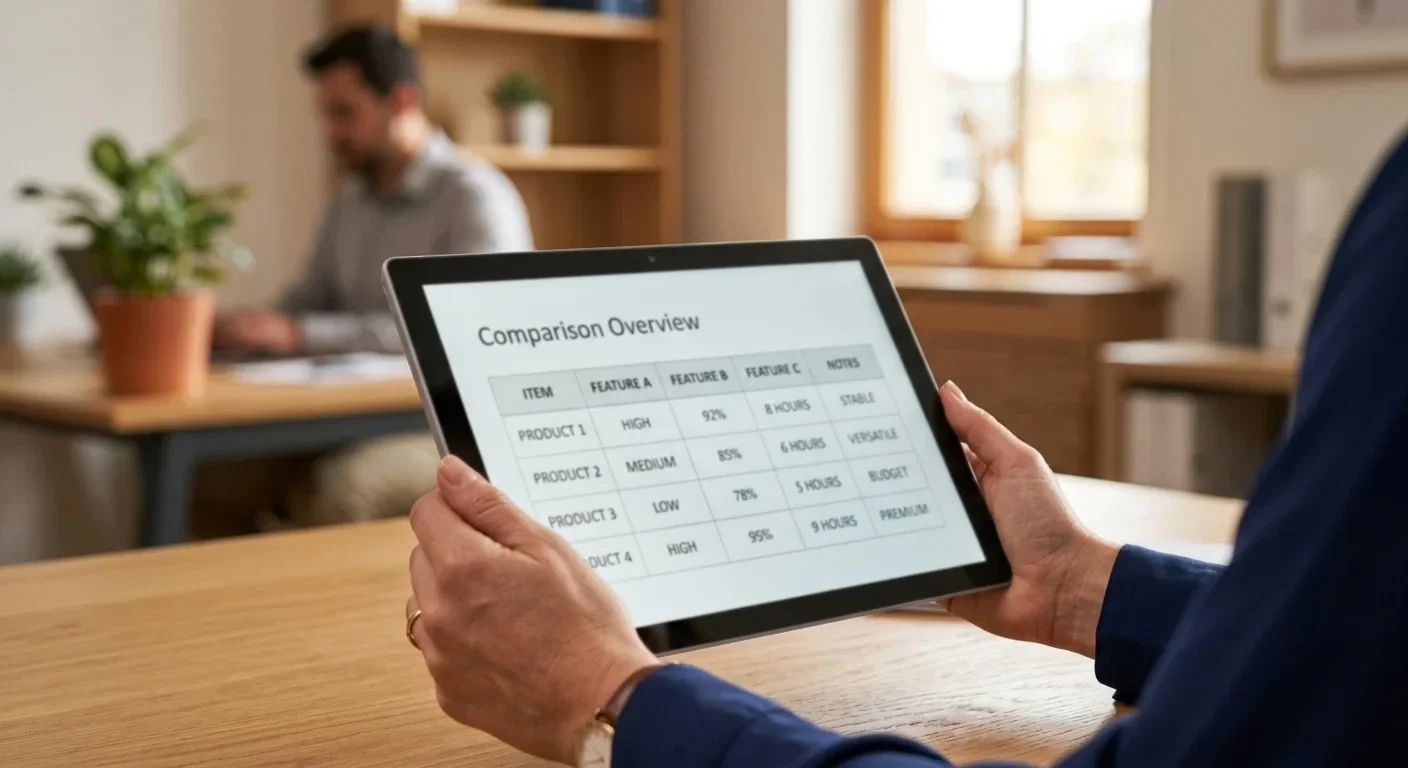 Hands holding tablet showing clean comparison table with payment method data