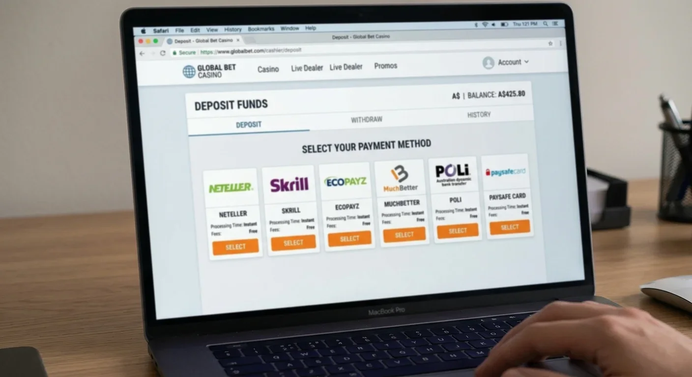 Casino cashier interface showing e-wallet deposit options