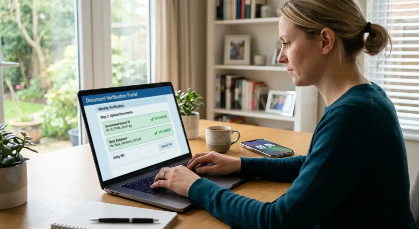 Person uploading KYC verification documents on laptop for casino account